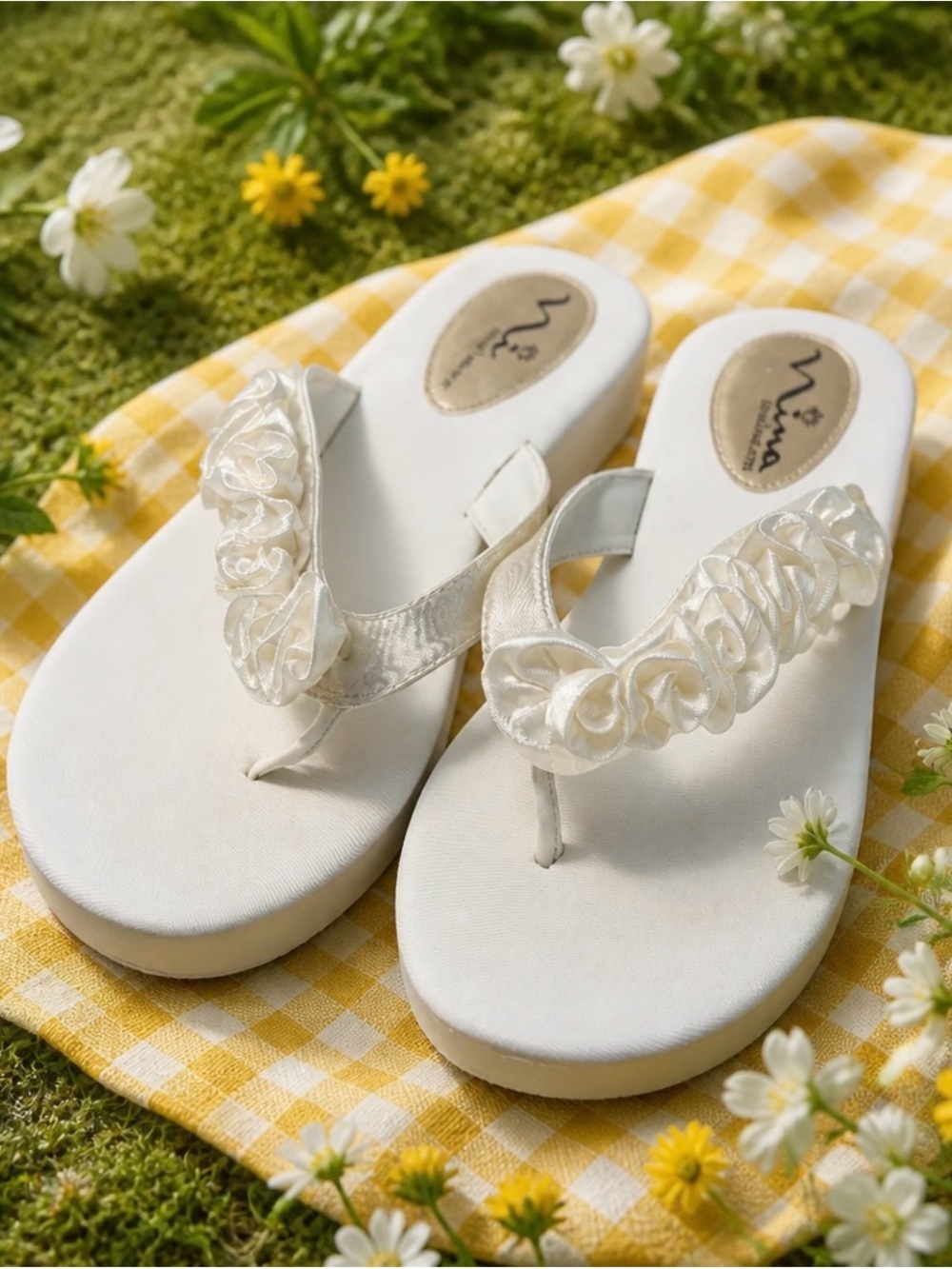 Nina Ivory Satin Floral Wedge Sandals